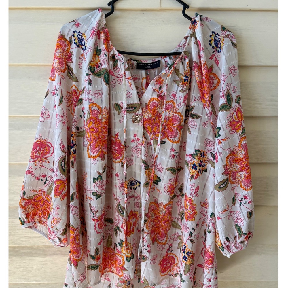 Lane Bryant Womens 22/24 Floral Dobby Stripe Split‎ Neck Boho Blouse Pink Orange